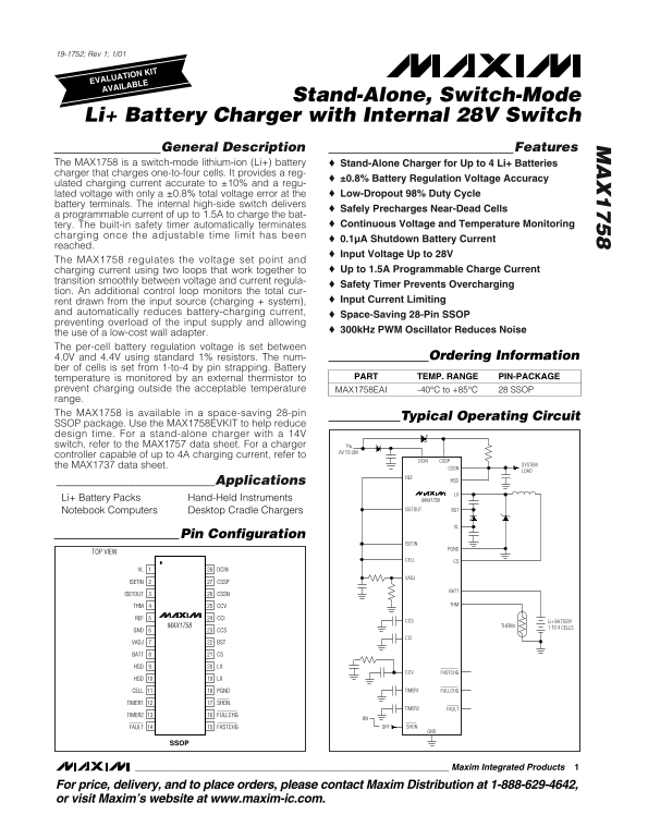 MAXIM INTEGRATED PRODUCTS Stand-Alone, Switch-Mode Li+ Battery Charger with Internal 28V Switch Owner's Manual - Page 1