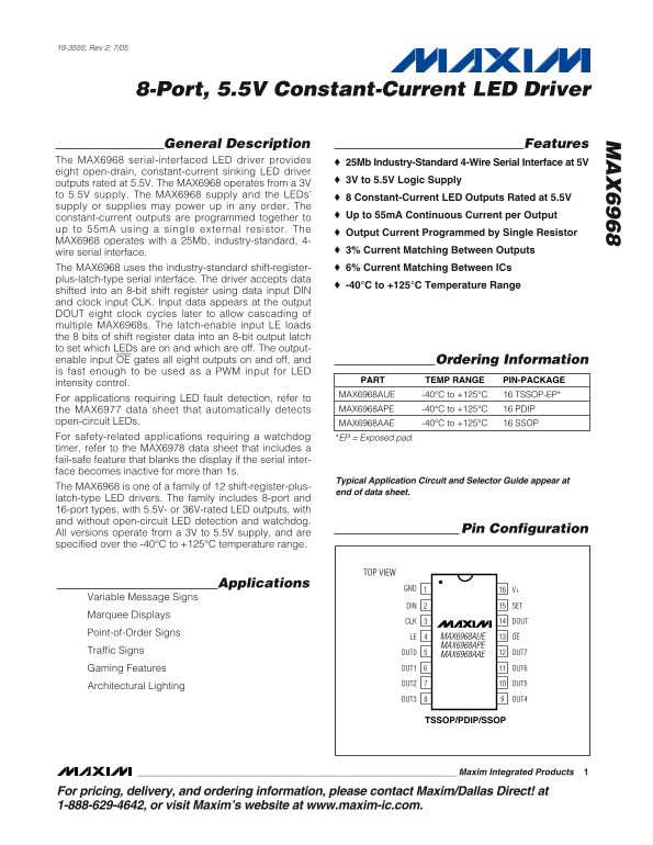 MAXIM INTEGRATED PRODUCTS MAX6968 8-Port, 5.5V Constant-Current LED Driver User Manual - Page 1