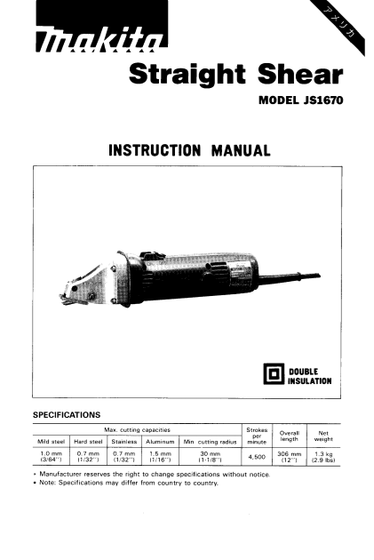 Makita Straight Shear JS1670 Instruction Manual - Page 1
