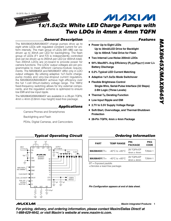 MAXIM INTEGRATED PRODUCTS MAX8645X MAX8645Y Data Sheet - Page 1
