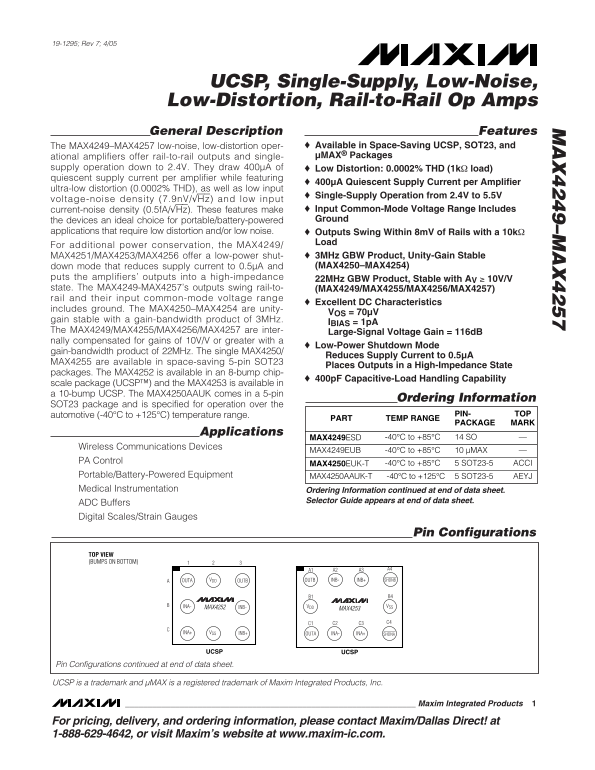 MAXIM INTEGRATED PRODUCTS MAX4249–MAX4257 UCSP, Single-Supply, Low-Noise, Low-Distortion, Rail-to-Rail Op Amps User Manual - Page 1