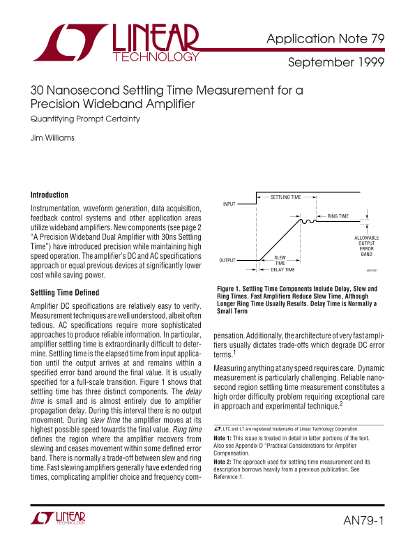 LINEAR High-Speedsettling Time Measurement for Precise Wideband Amplifier AN79 Data Manual User Guide - Page 1