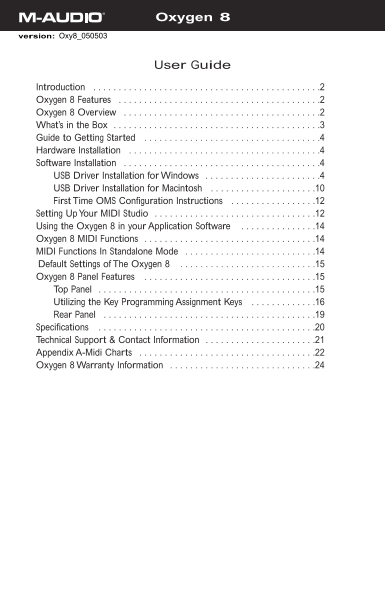 M-AUDIO Oxygen 8 User Guide Oxy8_050503 Specifications and Users Manual - Page 1