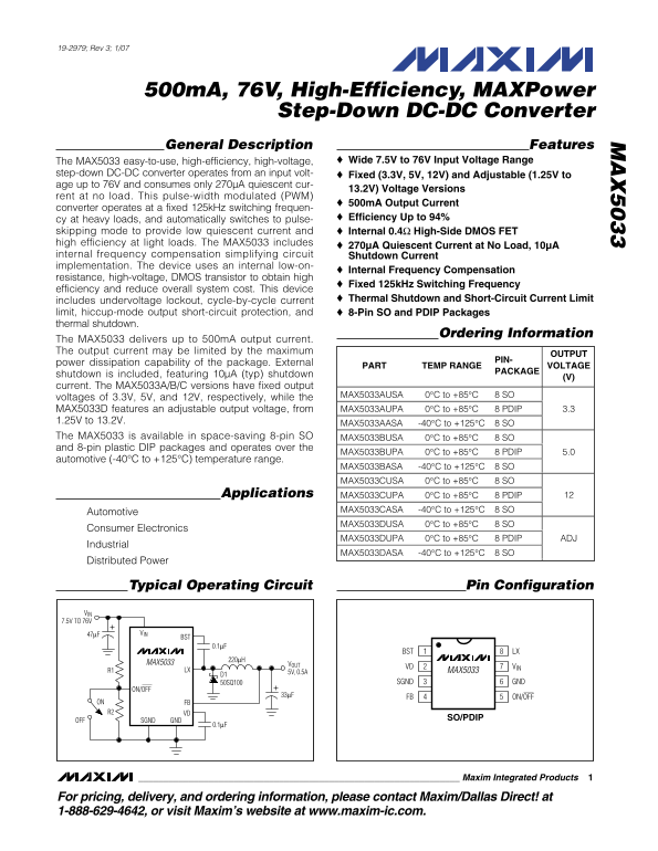 MAXIM INTEGRATED PRODUCTS MAX5033 MAXPower Step-Down DC-DC Converter Data Sheet - Page 1