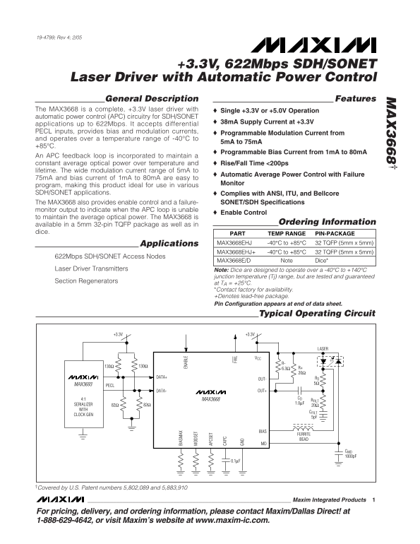 MAXIM INTEGRATED PRODUCTS MAX3668† Quick User Guide +3.3V, 622Mbps SDH SONET Laser Driver with Automatic Power Control - Page 1