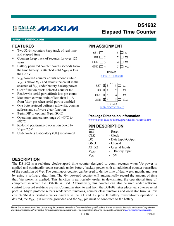 MAXIM INTEGRATED PRODUCTS DS1602 Elapsed Time Counter Product Data Sheet - Page 1