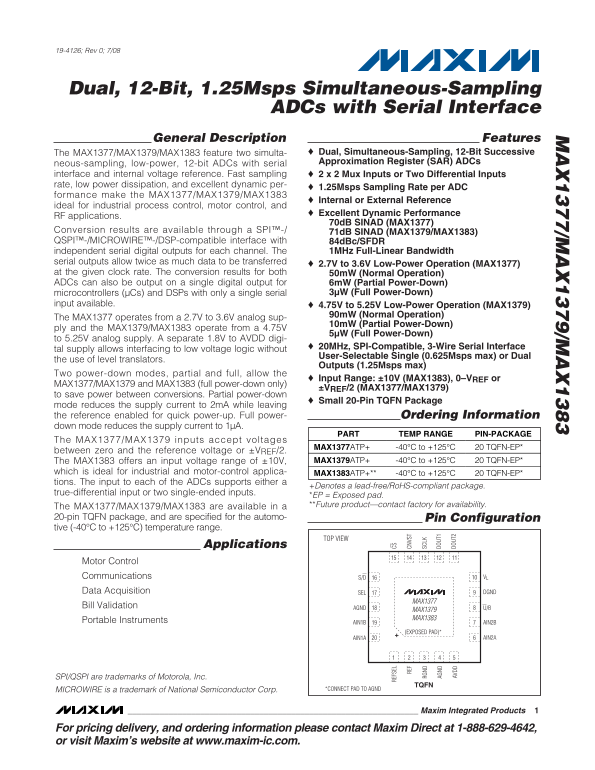 MAXIM INTEGRATED PRODUCTS - MAX1377 MAX1379 MAX1383 Dual, 12-Bit, 1.25 Msps Simultaneous-Sampling ADCs with Serial Interface - Page 1
