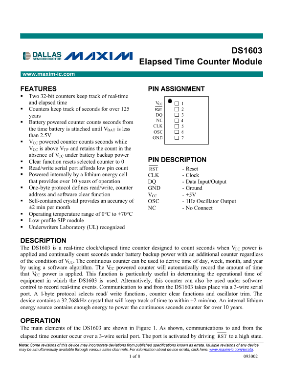 MAXIM INTEGRATED PRODUCTS DS1603 Elapsed Time Counter Module User's Manual - Page 1