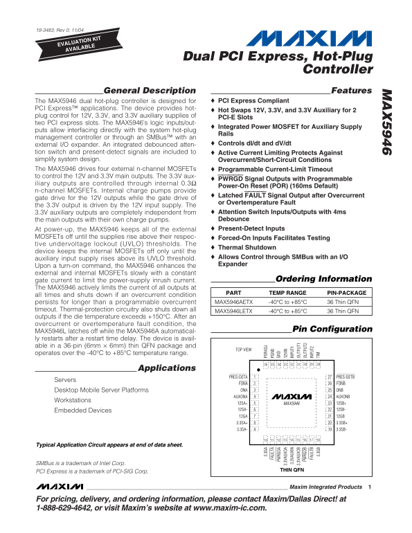 MAXIM INTEGRATED PRODUCTS Dual PCI Express, Hot-Plug Controller MAX5946 Data Sheet User Manual - Page 1