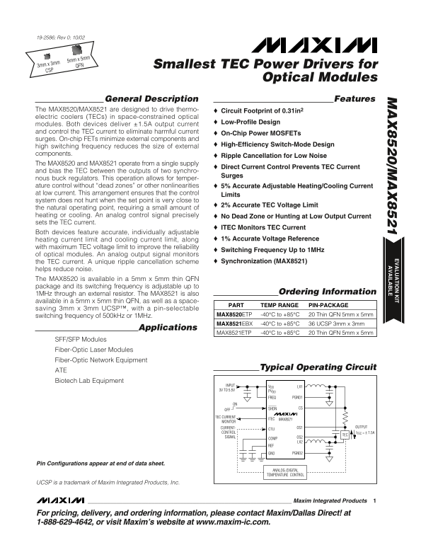 MAXIM INTEGRATED PRODUCTS MAX8520 MAX8521 Smallest TEC Power Drivers for Optical Modules - Page 1