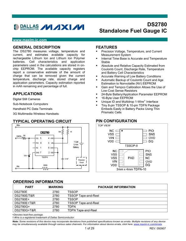 MAXIM INTEGRATED DS2780 Standalone Fuel Gauge IC User's Manual - Page 1