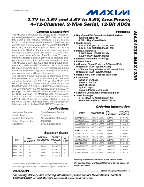 MAXIM INTEGRATED PRODUCTS MAX1236–MAX1239 2.7V to 3.6V and 4.5V to 5.5V, Low-Power, 4- 12-Channel, 2-Wire Serial, 12-Bit ADCs User Manual - Page 1