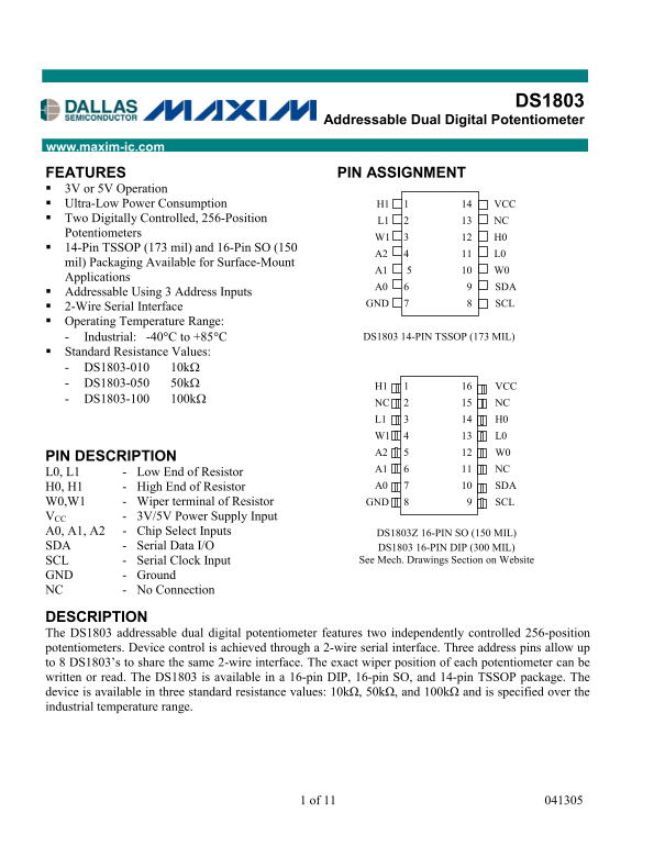 MAXIM INTEGRATED PRODUCTS DS1803 Addressable Dual Digital Potentiometer - Page 1