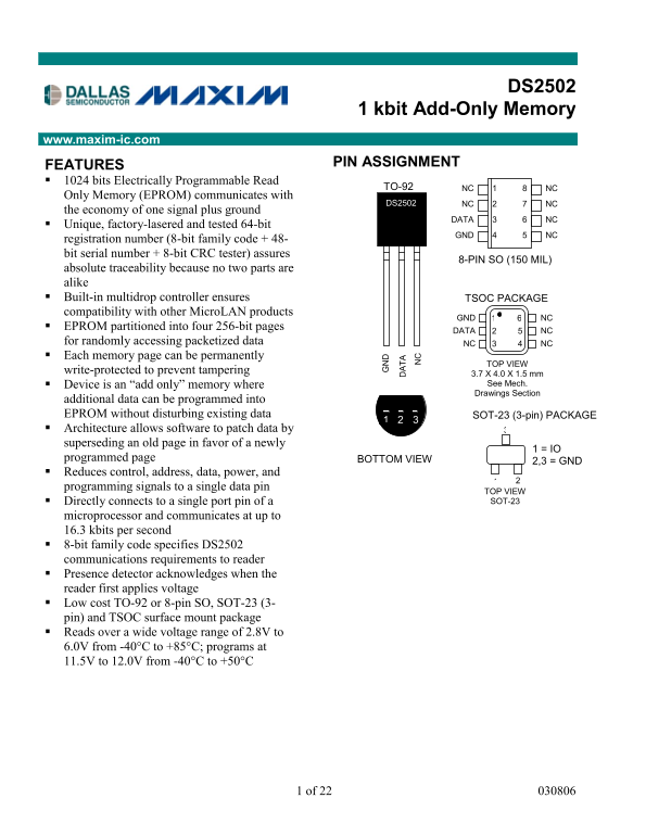 MAXIM INTEGRATED PRODUCTS DS2502 1 kbit Add-Only Memory - Page 1