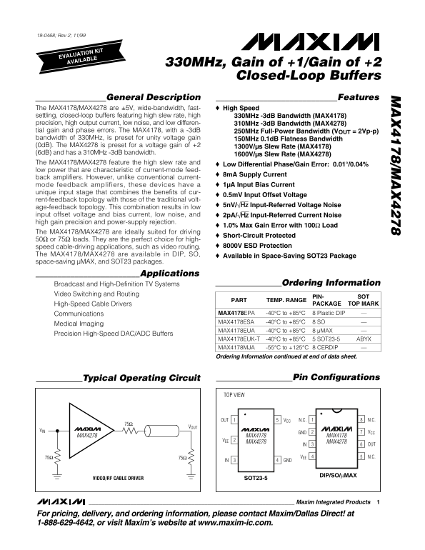 MAXIM INTEGRATED MAX4178 4278 User's Manual and Technical Specifications - Page 1