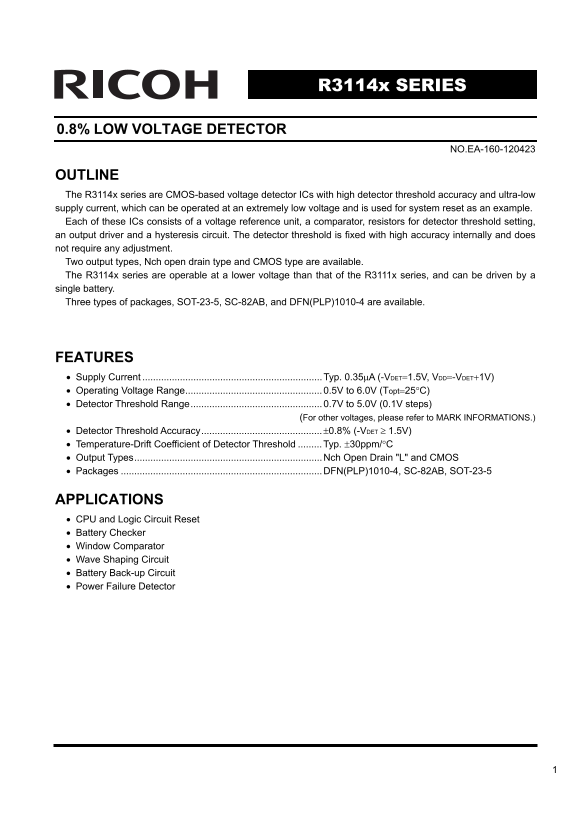 RICOH R3114x SERIES 0.8% LOW VOLTAGE DETECTOR - Page 1