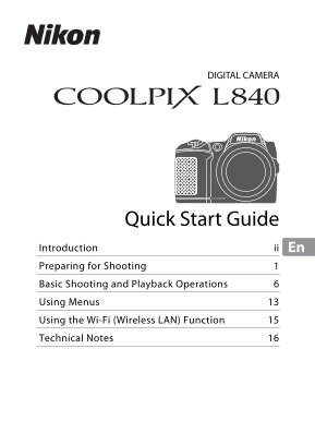 Nikon Compact Digital Cameras COOLPIX L840 Quick Start Guide English  (for customers in Europe) - Page 1