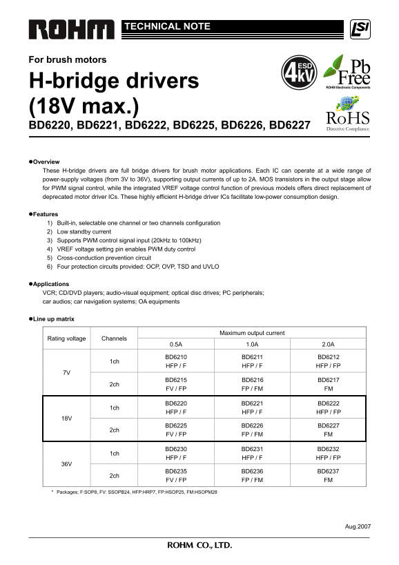 ROHM - TECHNICAL NOTE Brush Motors H-Bridge Drivers (18V max.) BD6220, BD6221, BD6222, BD6225, BD6220, BD6221, BD6222, BD6225, BD6220, BD6221, BD6222, BD6225, BD622  - Owner's Manual / User Guide - Page 1