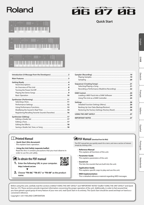 Roland FA-06 Music Workstation [Quick Start Guide] - Page 1