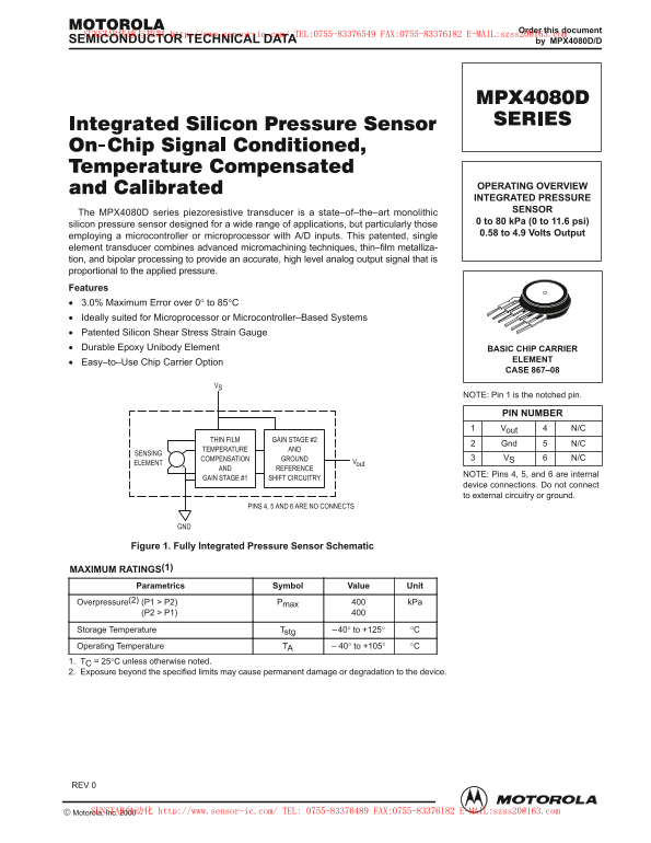 Motorola Semiconductor MPX4080D Series Technical Data - Page 1