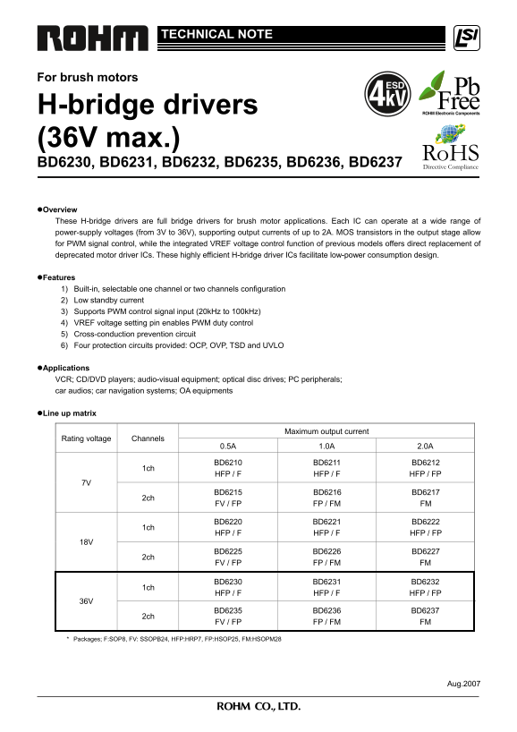 ROHM TECHNICAL NOTE Brush Motor H-Bridge Drivers (36V max.) BD6230, BD6231, BD6232, BD6235, BD6235 User Manual, Owner's Manual - Page 1