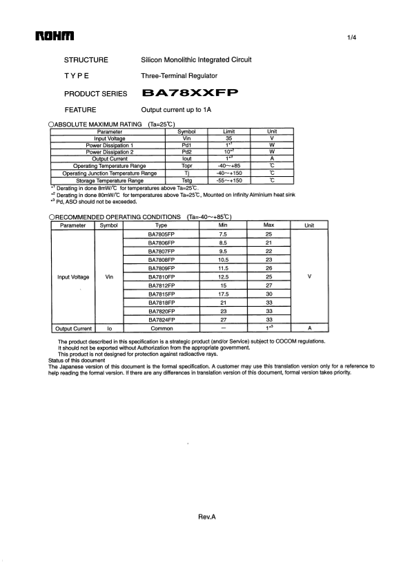 ROHM BA78XXFP Data Sheet - Page 1