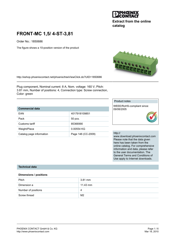 Phoenix Contact FRONT-MC 1.5 4-ST-3.81 Data Sheet/Manual - Page 1