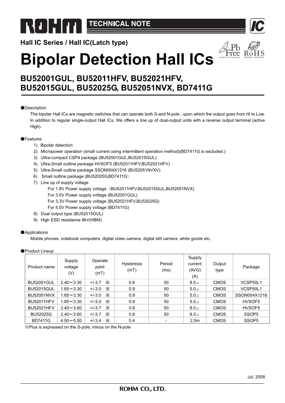 ROHM Bipolar Detection Hall ICs BU52001GUL, BU52011HFV, BU52021HFV, BU52015GUL, BU52025G, BU52051NVX, BD7411G User Manual - Page 1