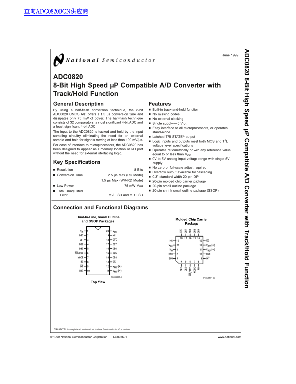National Semiconductor ADC0820 8-Bit High-Speed μP-Compatible A/D Converter with Track-Hold Function - Page 1