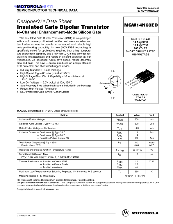 MOTOROLA MGW14N60ED Data Sheet - Page 1