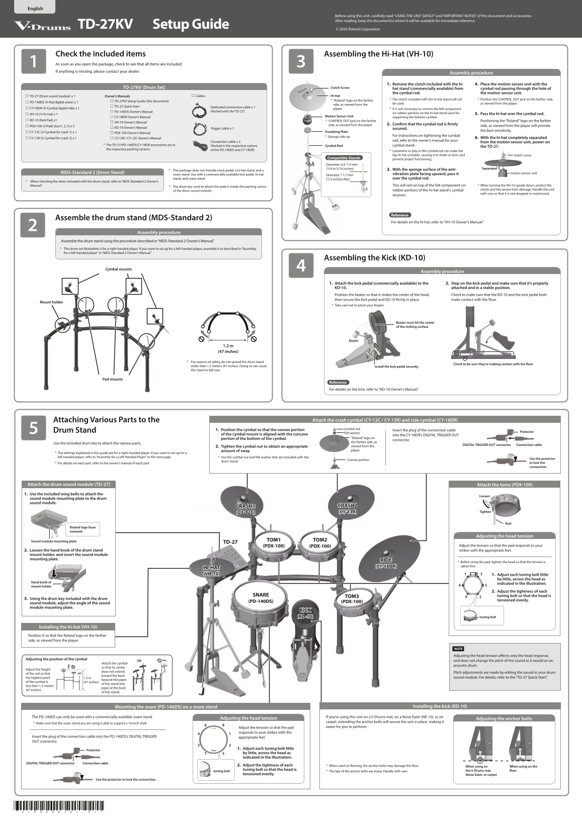 Roland TD-27KV Electronic Drum Kit Setup Guide - User Manual - Page 1