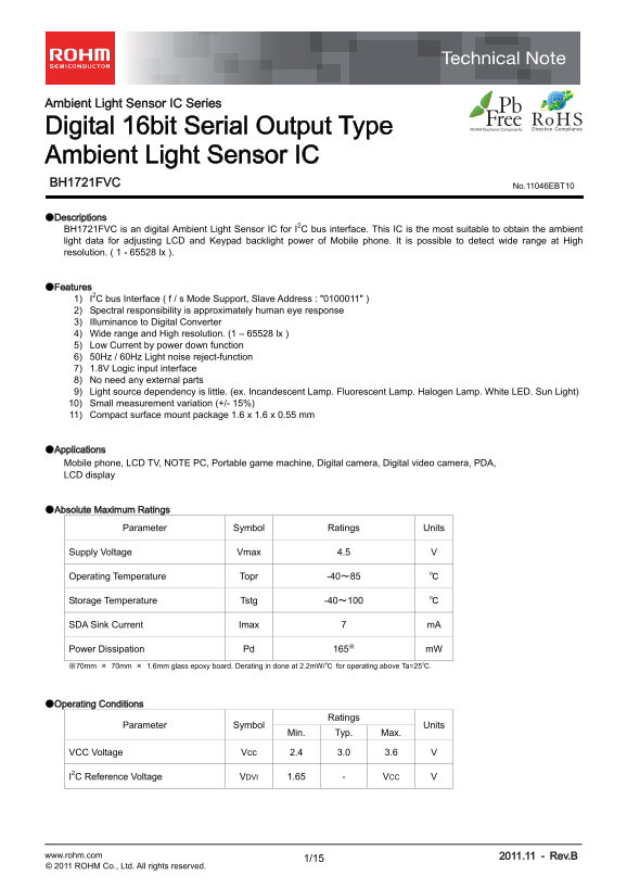 ROHM BH1721FVC Data Sheet/Manual - Page 1