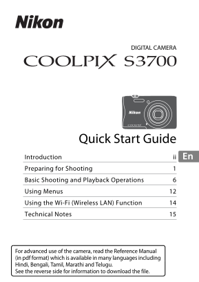 Nikon COOLPIX S3700 Quick Start Guide English (for customers in India) - Page 1