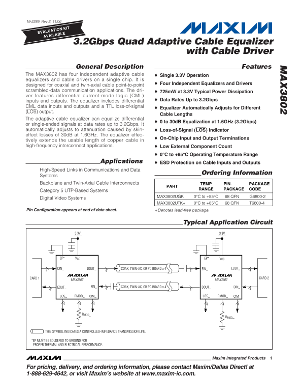 MAXIM MAX3802 3.2Gbps Quad Adaptive Cable Equalizer with Cable Driver Data Sheet - Page 1