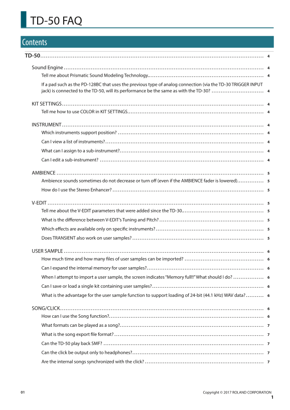 Roland TD-50 Elektronik Bas Drum Sound Source TD-50FAQ User Guide - Page 1