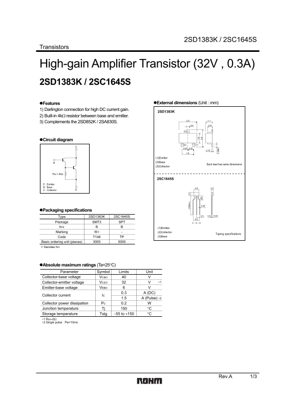 ROHM 2SD1383K 2SC1645S DATA SHEET - Page 1
