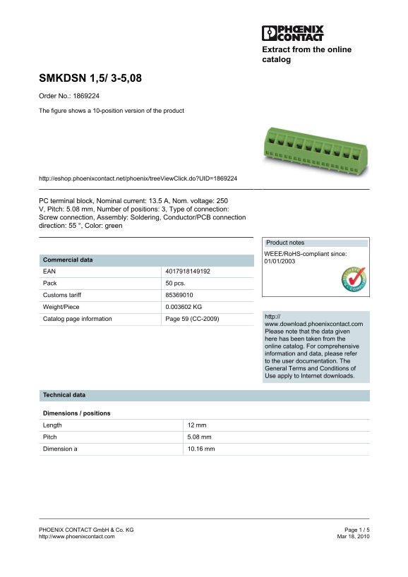 Phoenix Contact SMKDSN 1,5 3-5,08 Data Sheet/Manual - Page 1