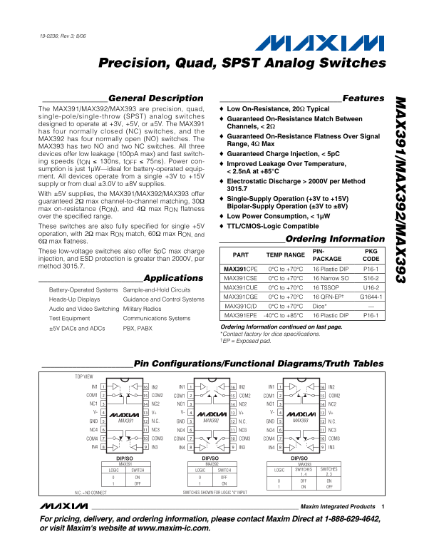 MAXIM MAX391 MAX392 MAX393 Precision, Quad, SPST Analog Switches Product Data Sheet Manual User Guide - Page 1