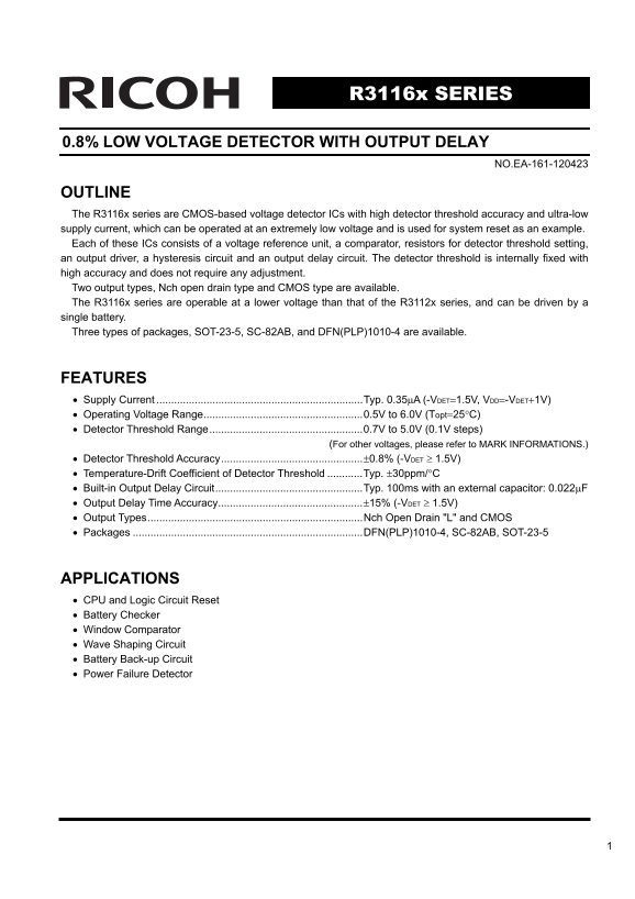 RICOH R3116x SERIES Low Voltage Detector with Output Delay Data Sheet User Manual - Page 1