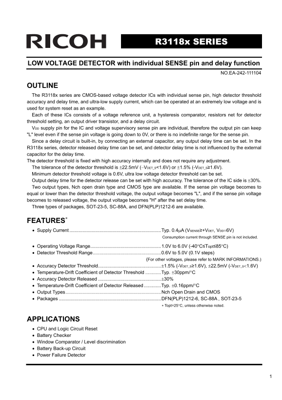 RICOH R3118x SERIES LOW VOLTAGE DETECTOR with individual SENSE pin and delay function - Page 1