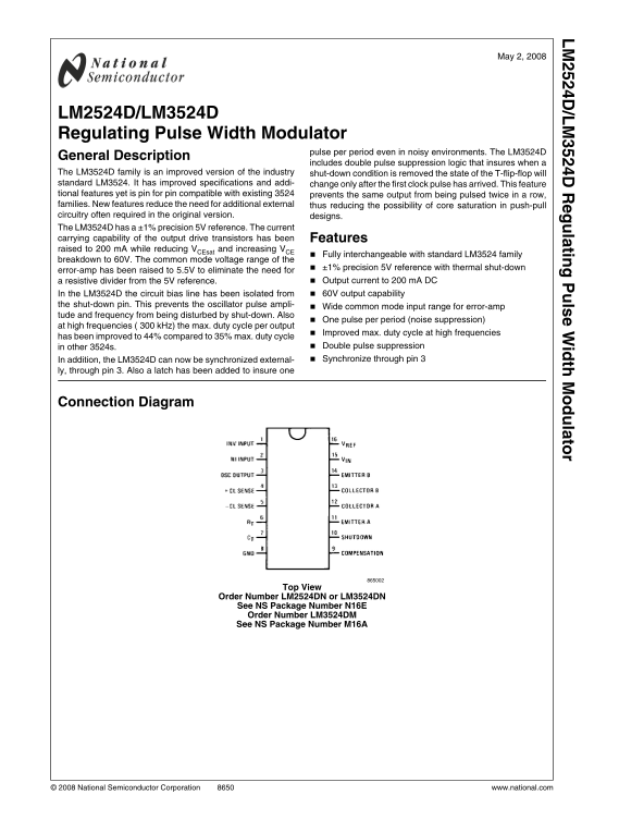 National Semiconductor - LM2524D LM3524D Regulating PWM Controller Data Sheet Manual - Page 1