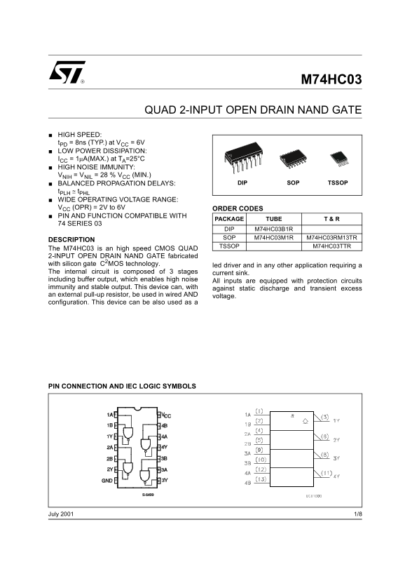 ST M74HC03 Quad 2-Input Open Drain NAND Gate Data Sheet - Page 1