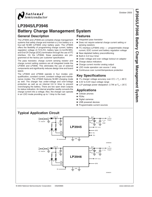 National Semiconductor LP3945/3946 Battery Charge Management System User's Manual and Specifications - Page 1