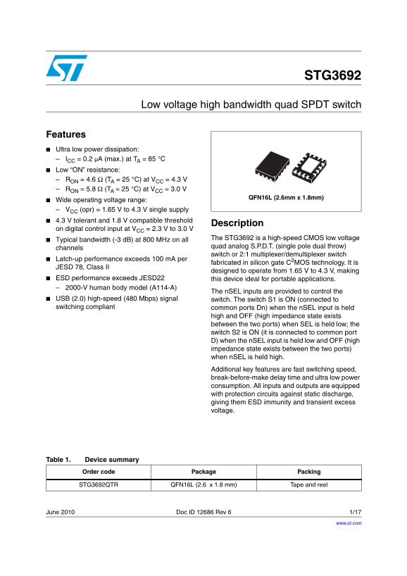 ST STG3692 Low voltage high bandwidth quad SPDT switch Data Sheet - Page 1