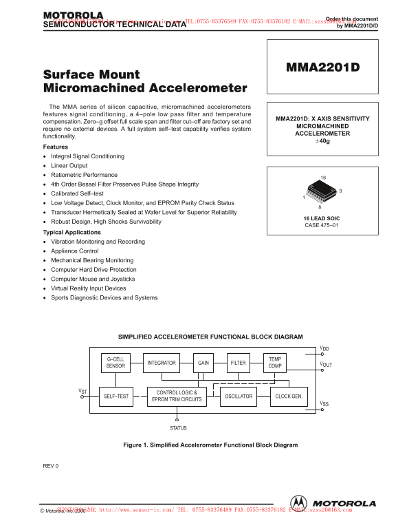 MOTOROLA MMA2201D Surface Mount Micromachined Accelerometer User's Manual and Specifications - Page 1