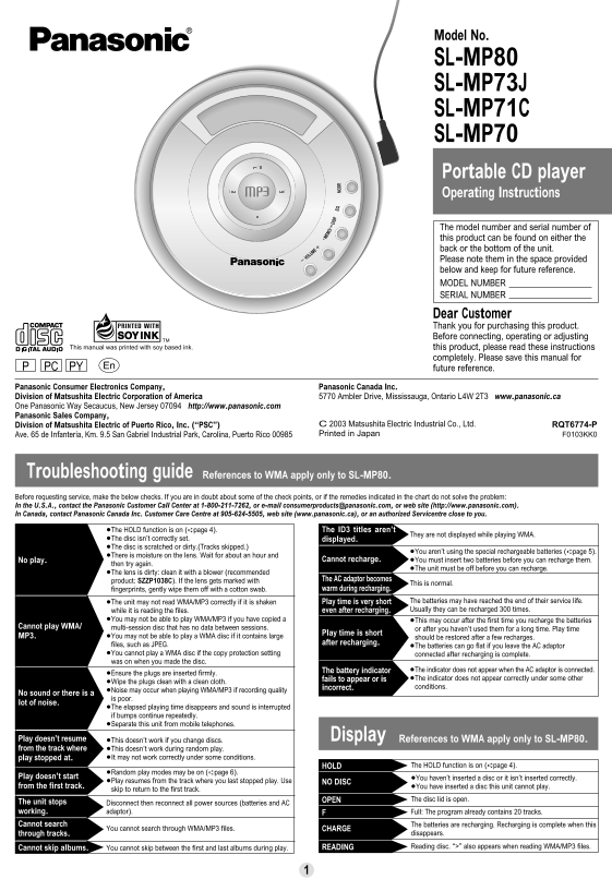 Panasonic SL-MP80 SL-MP73J SL-MP71C SL-MP70 User Manual - Page 1
