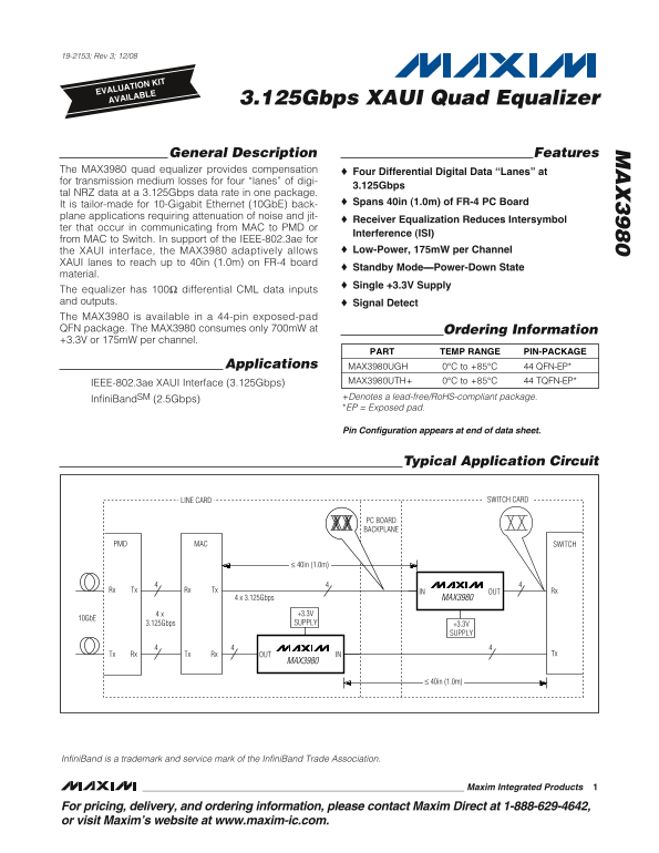 MAXIM MAX3980 3.125Gbps XAUI Quad Equalizer Data Sheet - Page 1