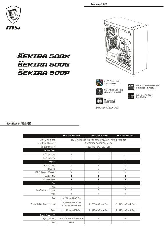 MSI MPG PC Case Series MPG SEKIRA 500G Product Manual & User Guide (Multilingual) - Page 1