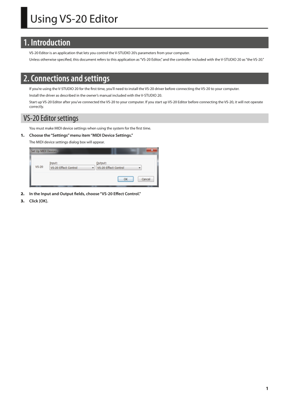 Roland V-STUDIO 20 Audio Interface Control Surface with DAW Software Editor Manual - Page 1