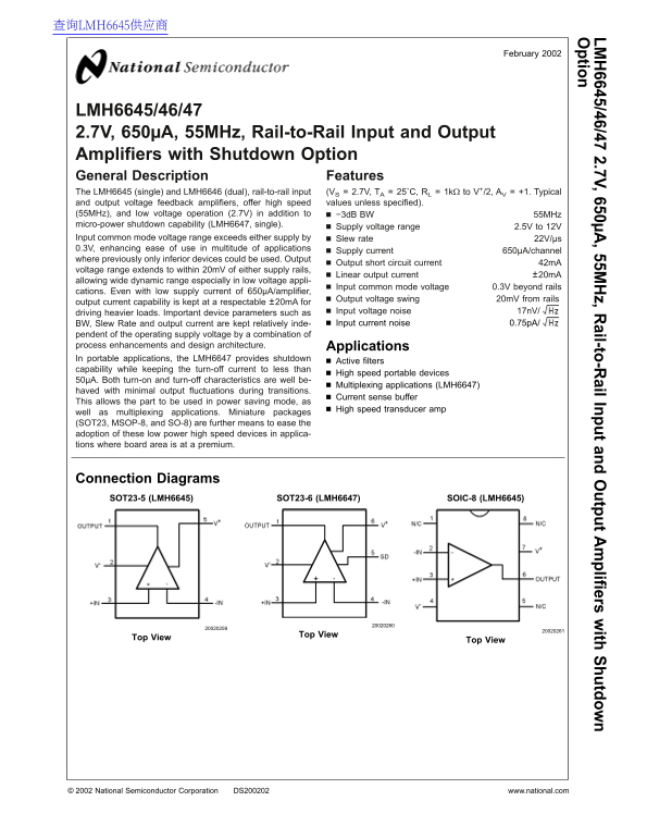 National Semiconductor LMH6645 46 47 2.7V, 650µA, 55MHz, Rail-to-Rail Input and Output Amplifiers with Shutdown Option - Page 1